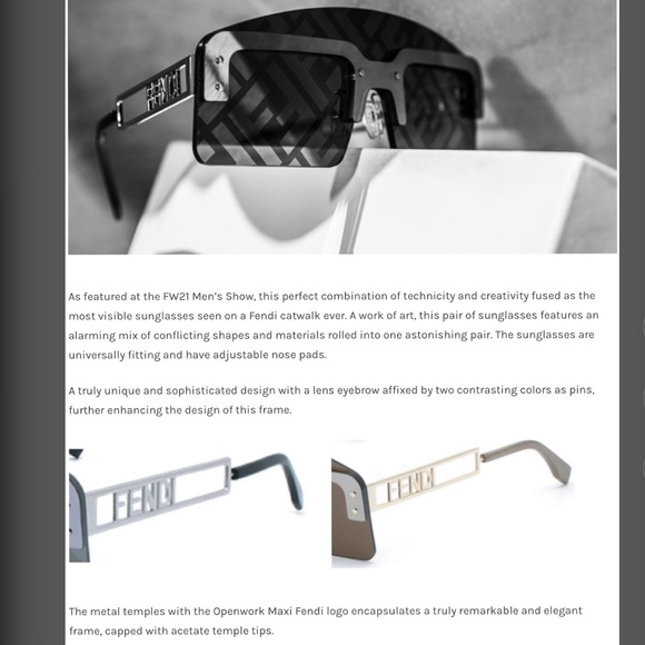 FENDI UNISEX FUTURISTIC SHIELD “FF” LOGO LENSES AND BOLD ON THE ARM SUNGLASSES